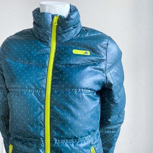 Adidas Polka Dot Neon Accent Dark Green Down filled Puffer JAcket S - Picture 2 of 7
